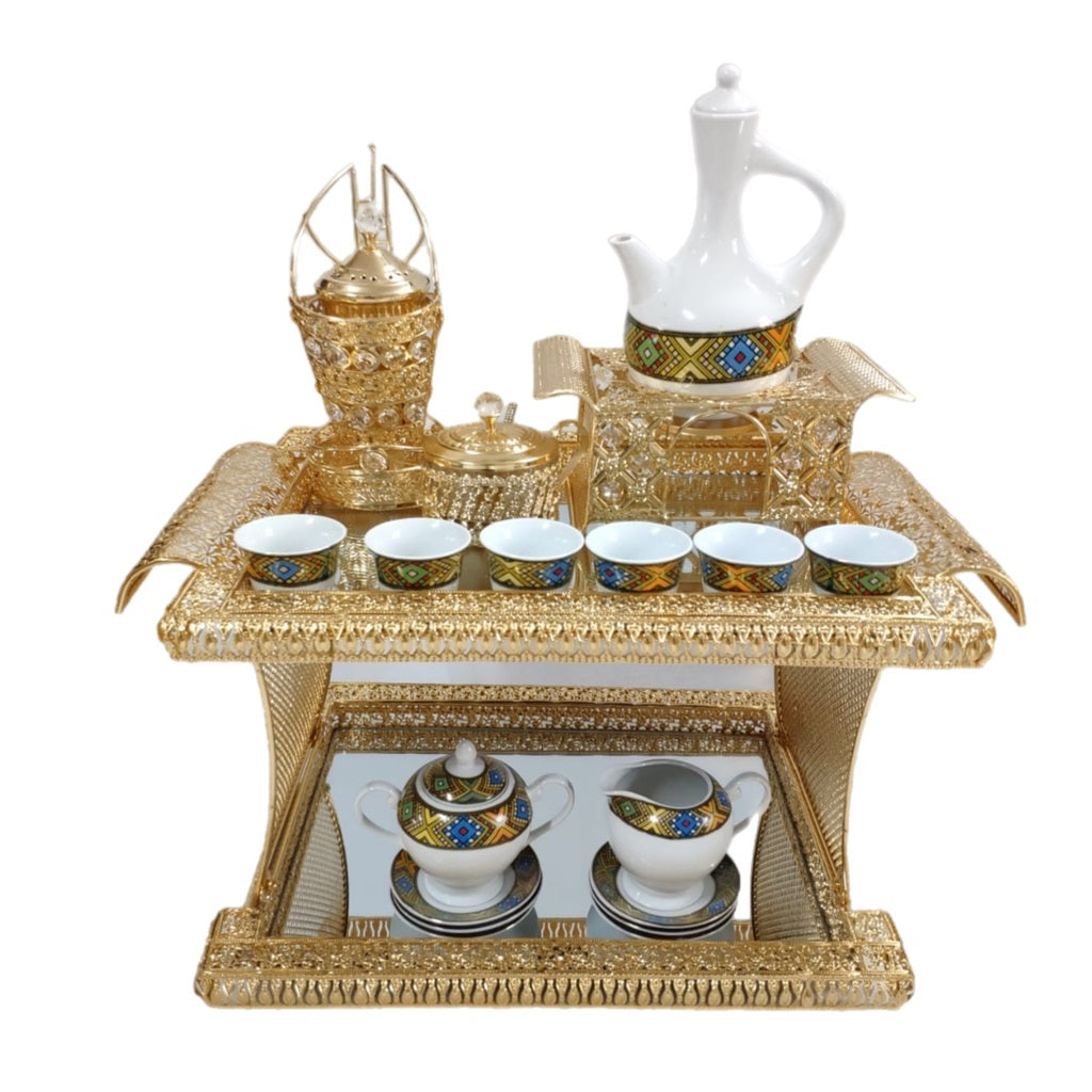 Eritrea & Ethiopian Rekebot Coffee Table With Saba, Telet Design Coffee Cup Set - FT764SET (እንዳ ቡን)