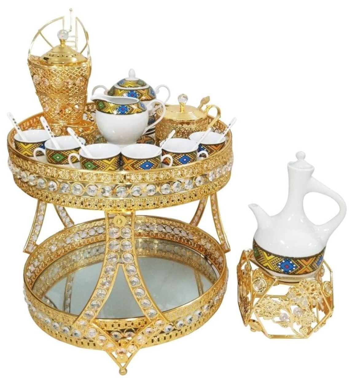 Eritrean Ethiopian Coffee Sets With Two Floor Arabic Metal Serving Table Tray Sets