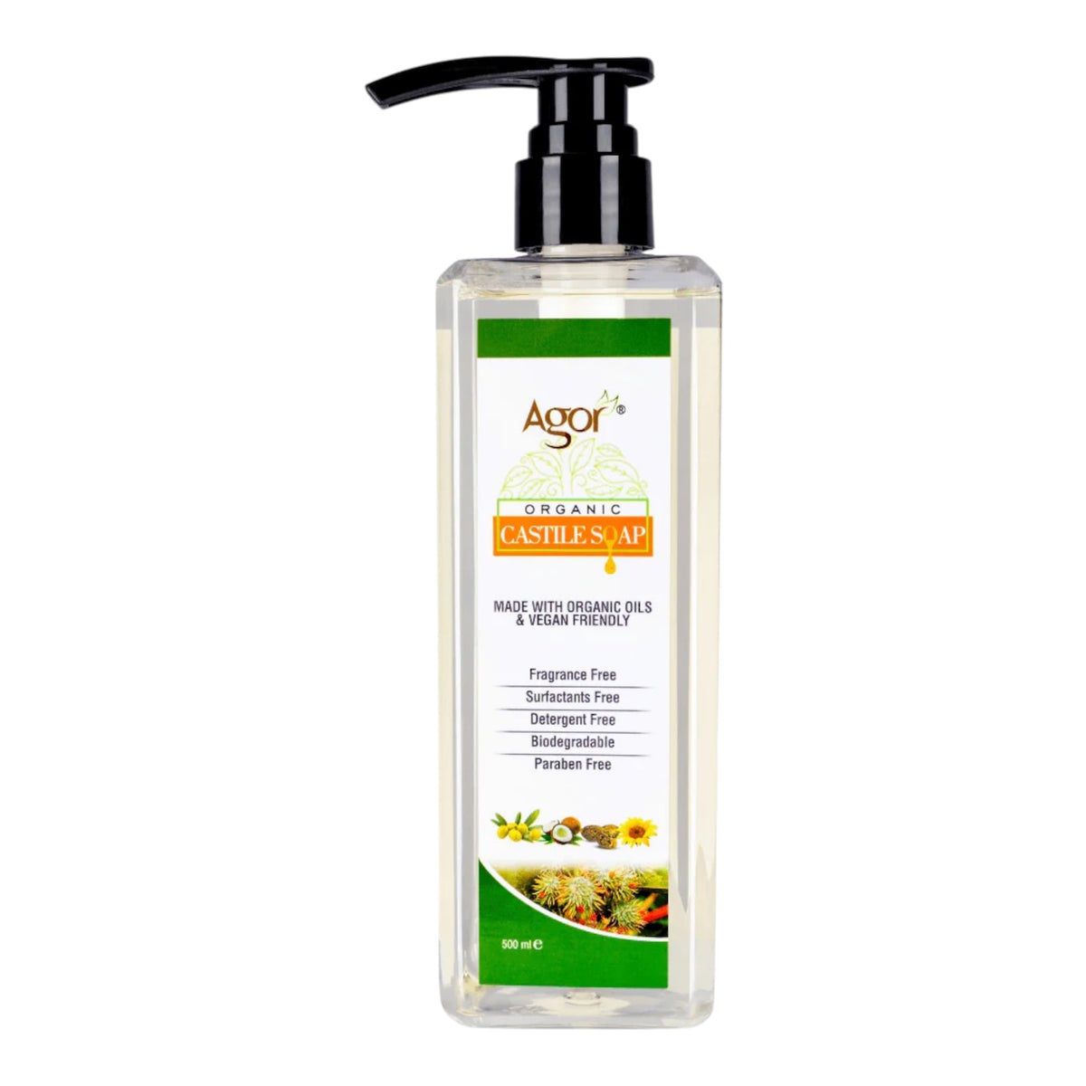 Agor Organic Liquid Castile Soap – Unscented, Vegan – 500 ml