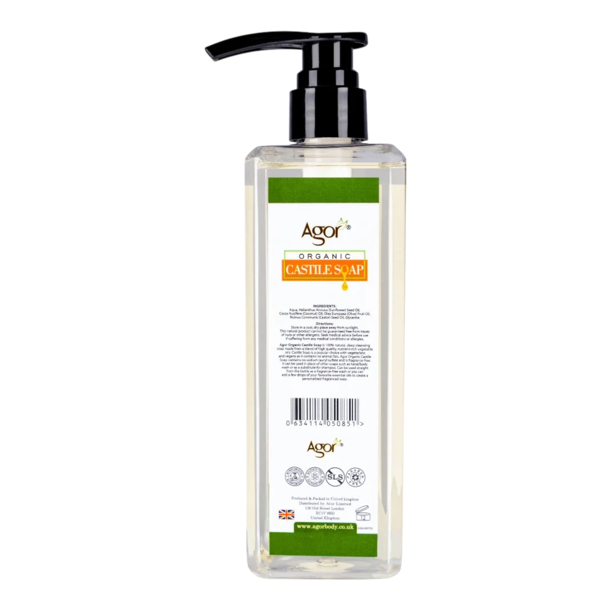 Agor Organic Liquid Castile Soap – Unscented, Vegan – 500 ml