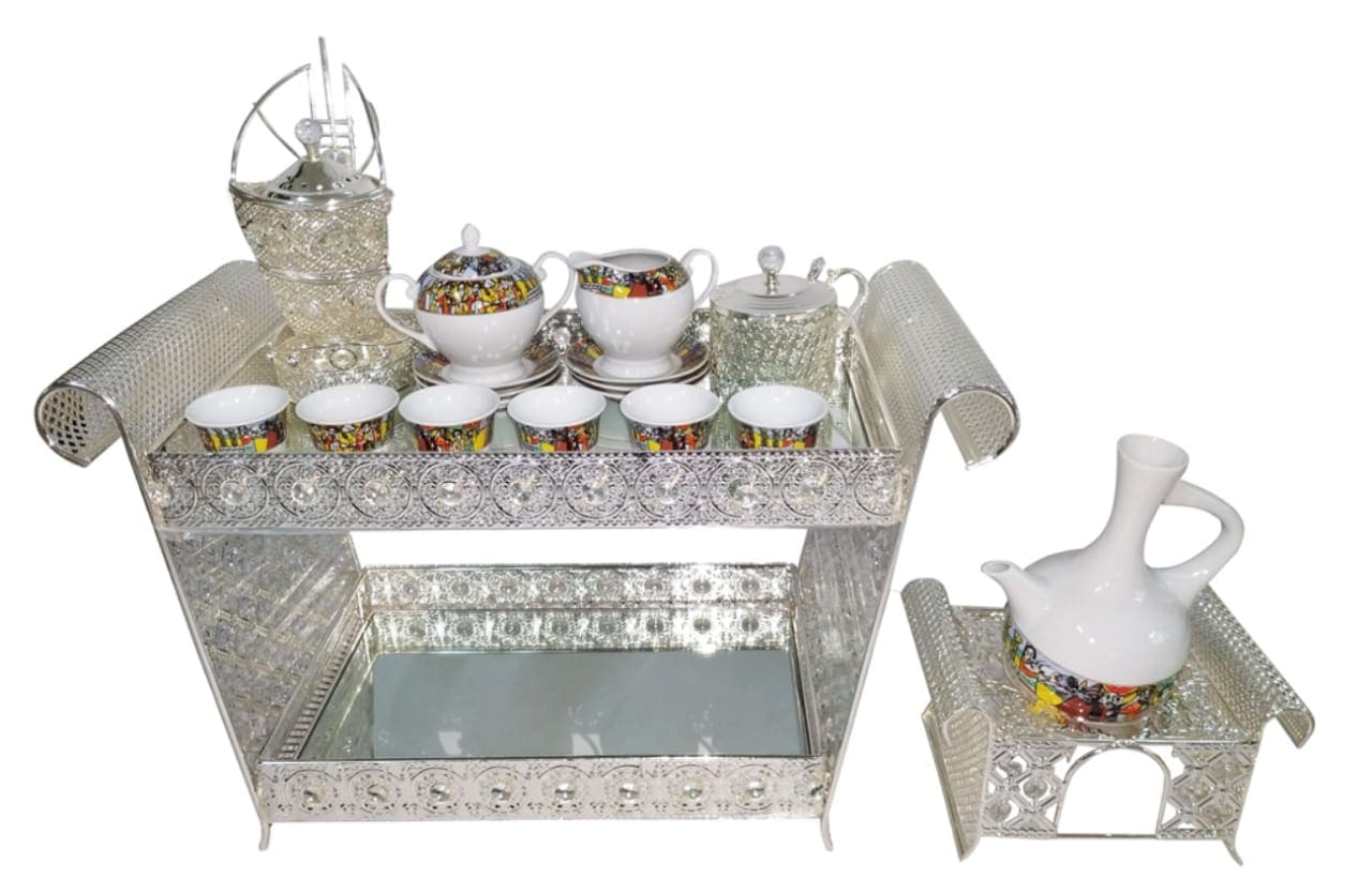 Eritrea & Ethiopian Rekebot Coffee Table With Saba, Telet Design Coffee Cup Set